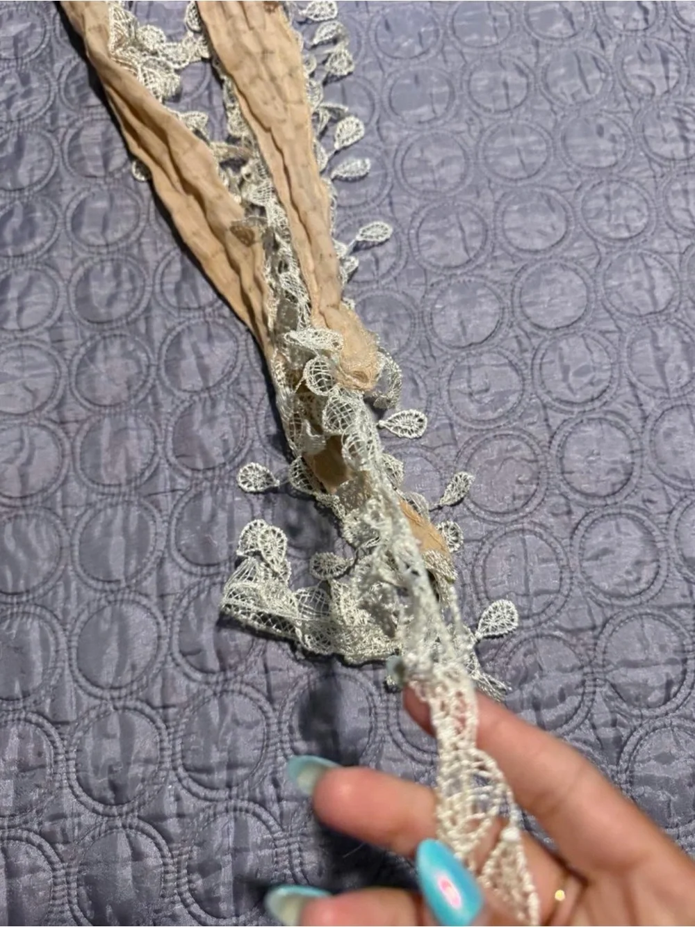 Beige Scarf with Leaf fringe Trim